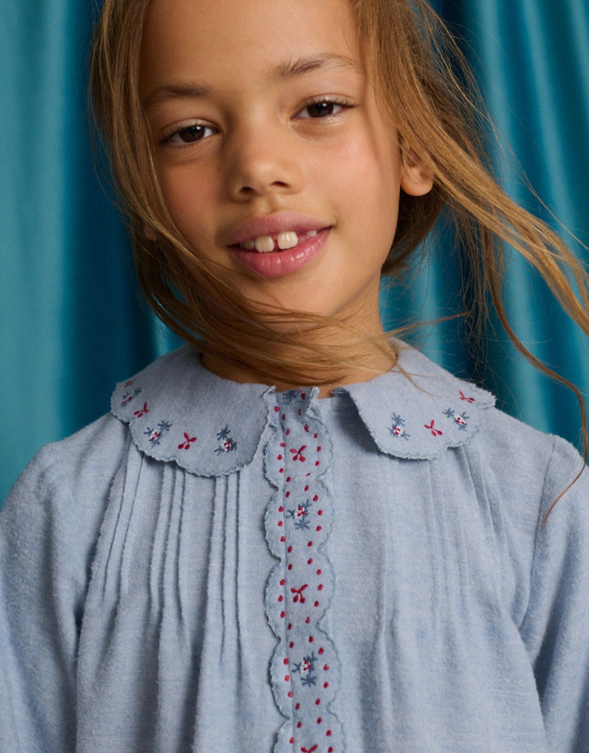 Agatha Blouse with Pintucked Bodice and Embroidered Placket and Collar
