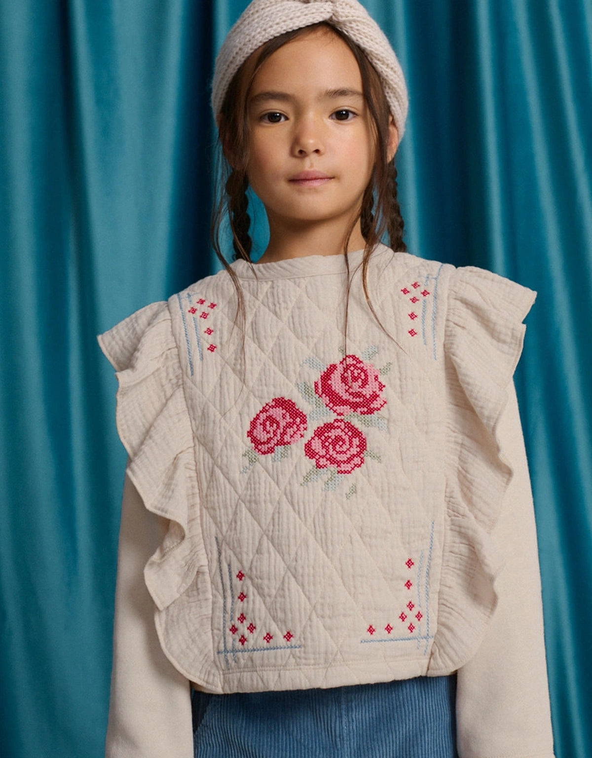 Rosamund Top with Flower Cross-Stitch Embroidery and Side Ruffles