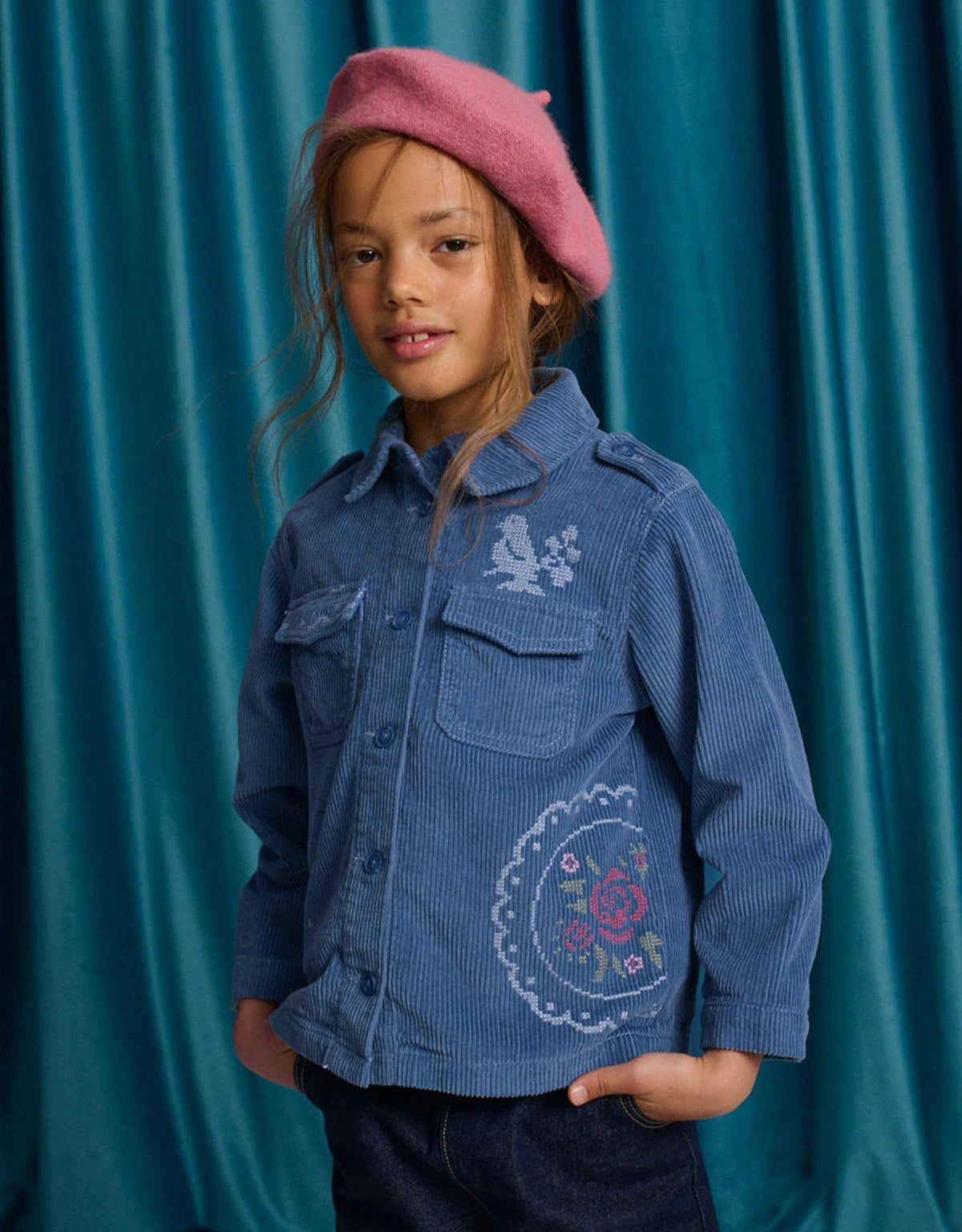 Vicenta Corduroy Shirt Jacket with Rose Cross- Stitch Embroidery