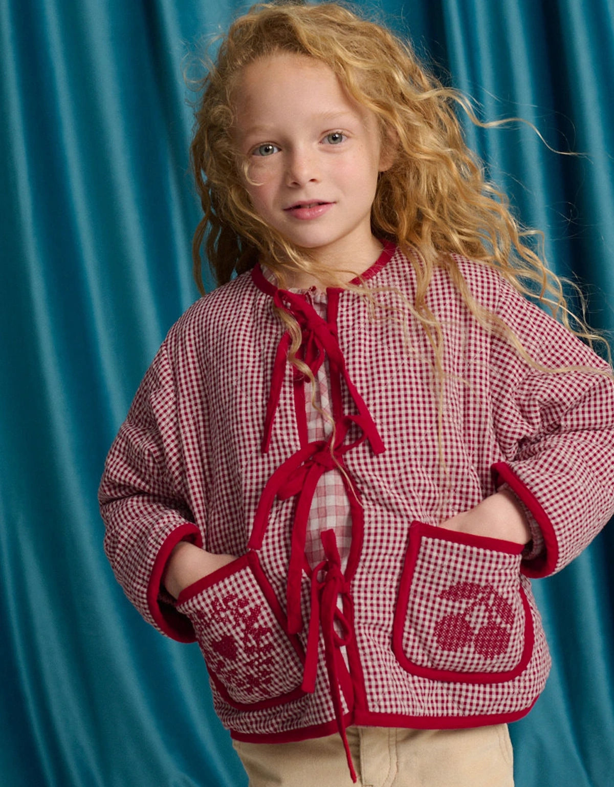 Lavinia Boxy Quilted Coat with Bow-Tie Accents and Embroidered Cherries and Heart on Pockets
