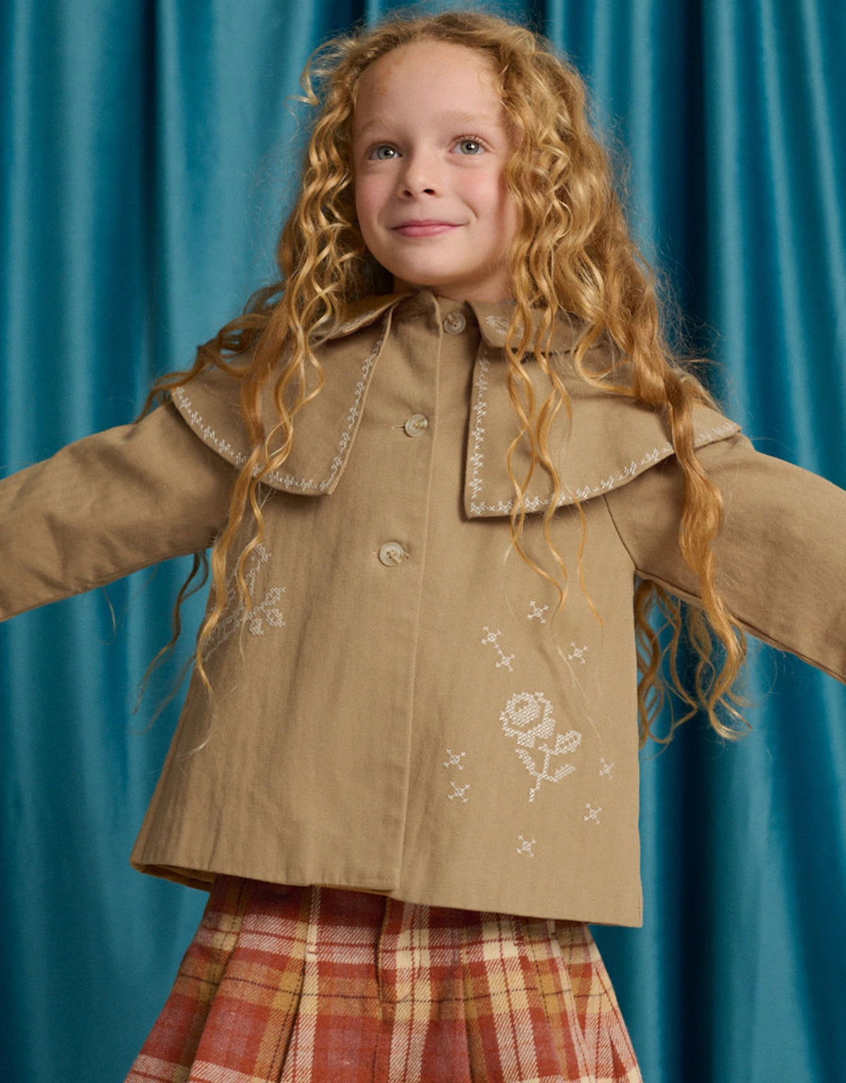 Philippa Herringbone Cape Coat with Cross-Stitch Embroidery