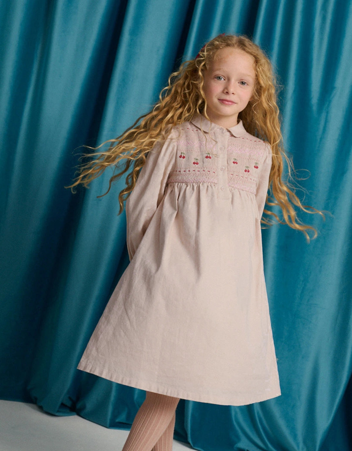 Dorethea Dress with Cherry Embroidered Hand-Smocked Bodice, Standing Collar, and Half Placket