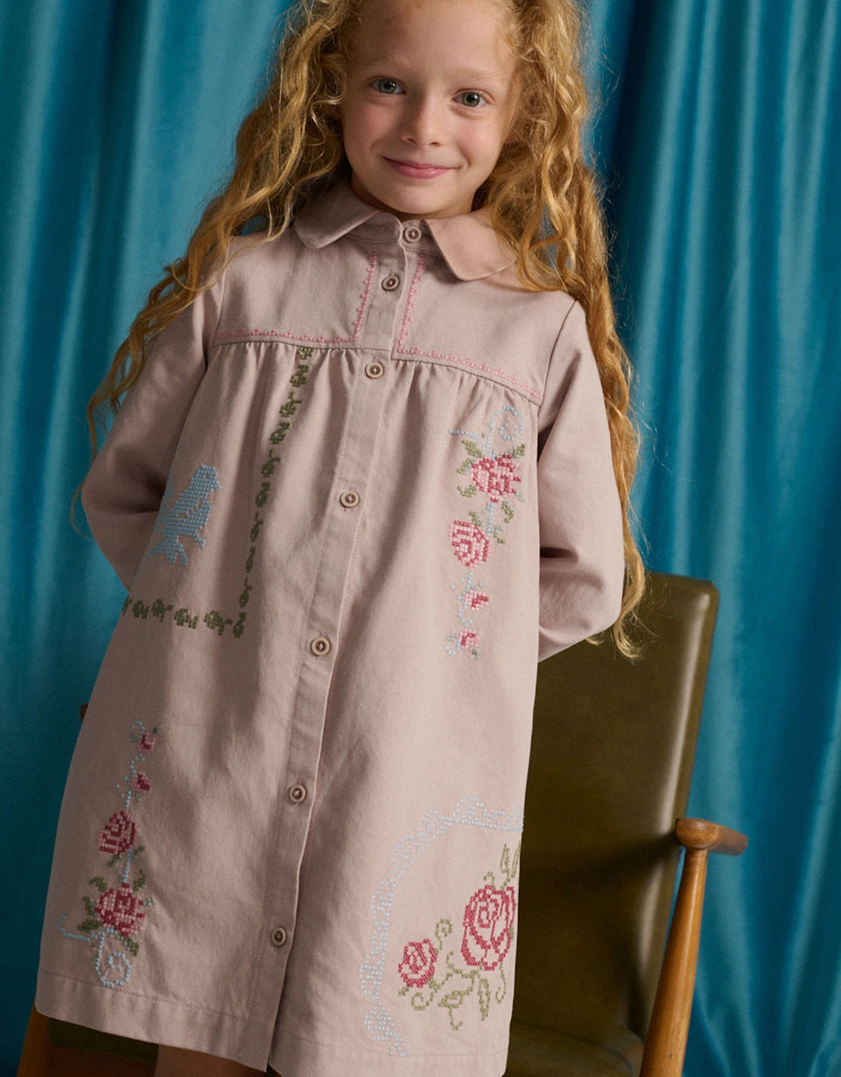 Minerva Shift Dress with Peter Pan Collar and Cross-Stitch Embroidery
