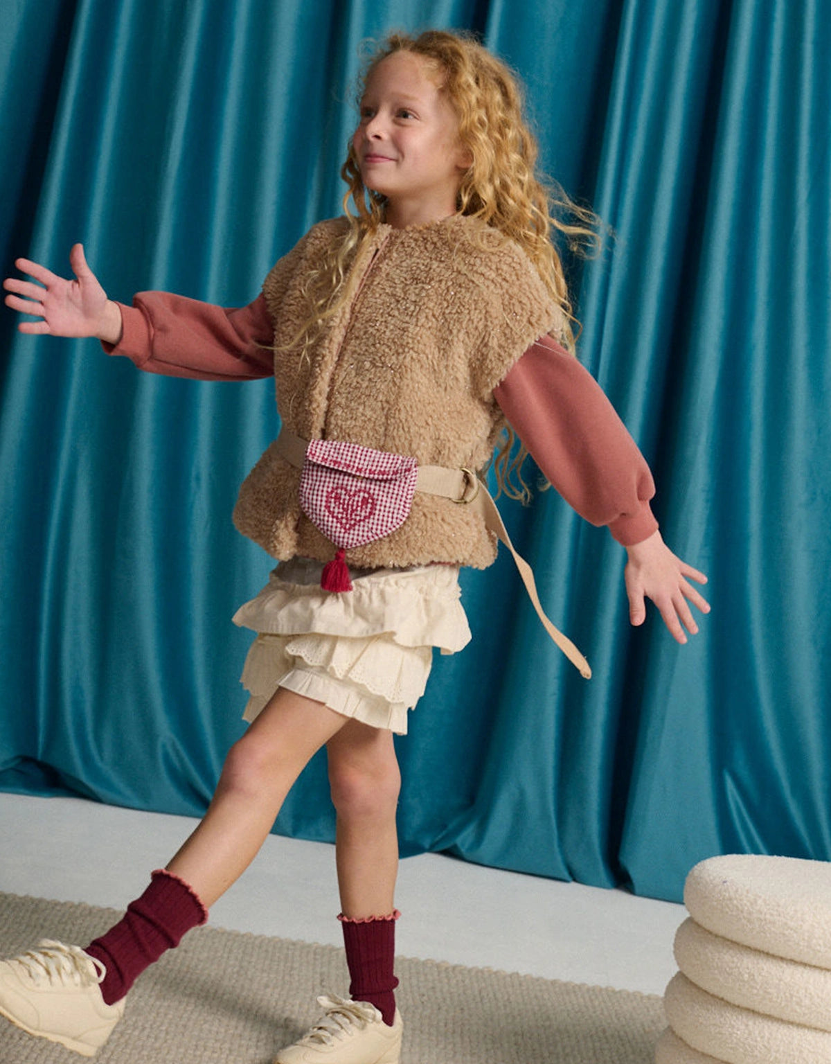 Jeanette Shearling Gilet with Floral Belt Bag and Tassels