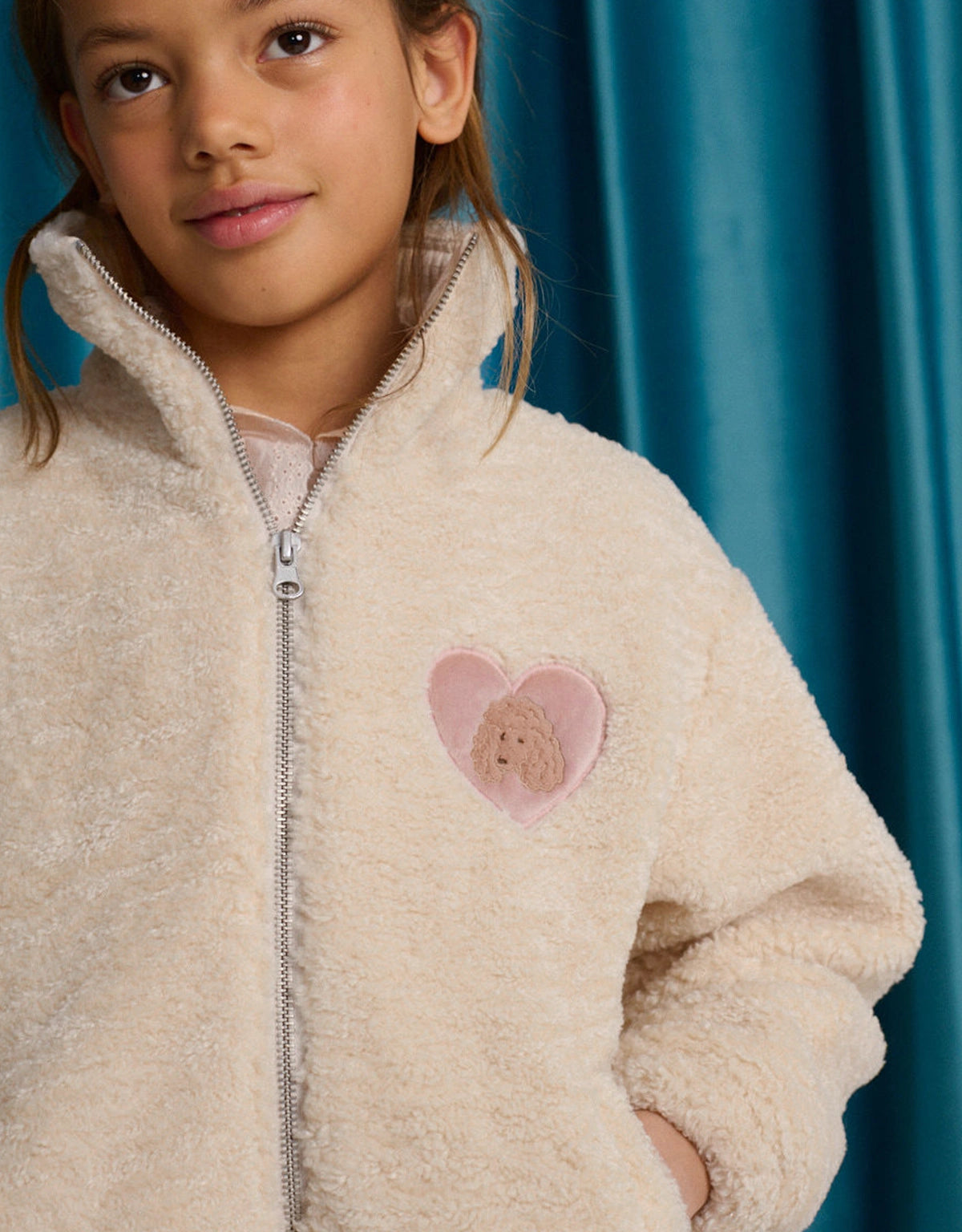 Augusta Shearling Zip- Through Jacket with Ribbed Neck and Embroidered Poodle Heart Badge