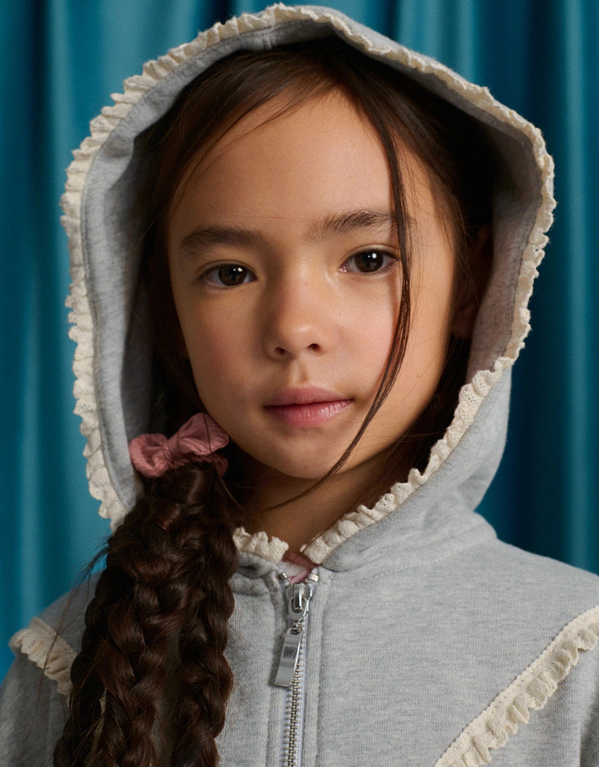 Elspeth Hoodie Jacket with Wide Rib Hem and Delicate Lace Trims