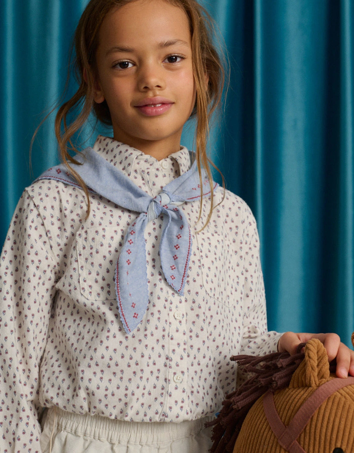 Muriel Top with Elastic Waistband and Contrasting Detachable Scarf with Cross-Stitch Embroidery