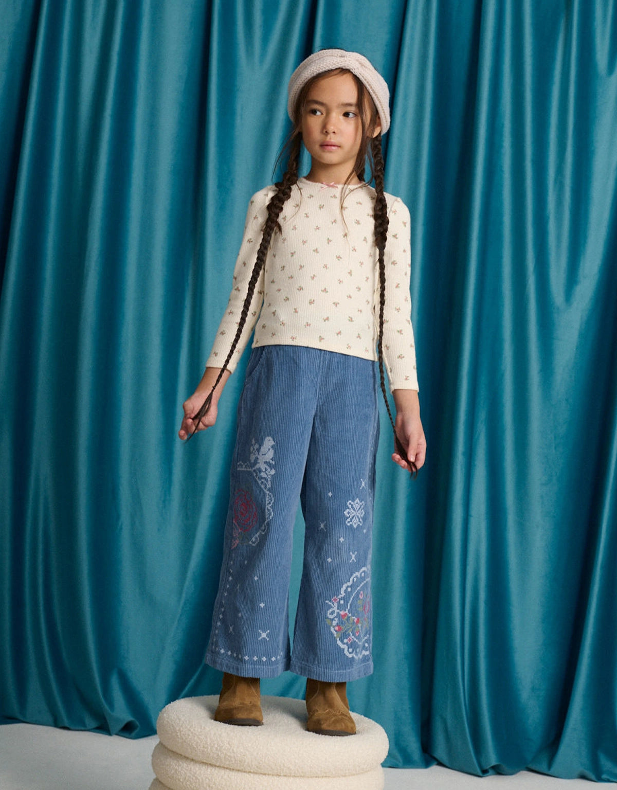 Gladys Wide-Leg Corduroy Pants with Rose Cross- Stitch Embroidery