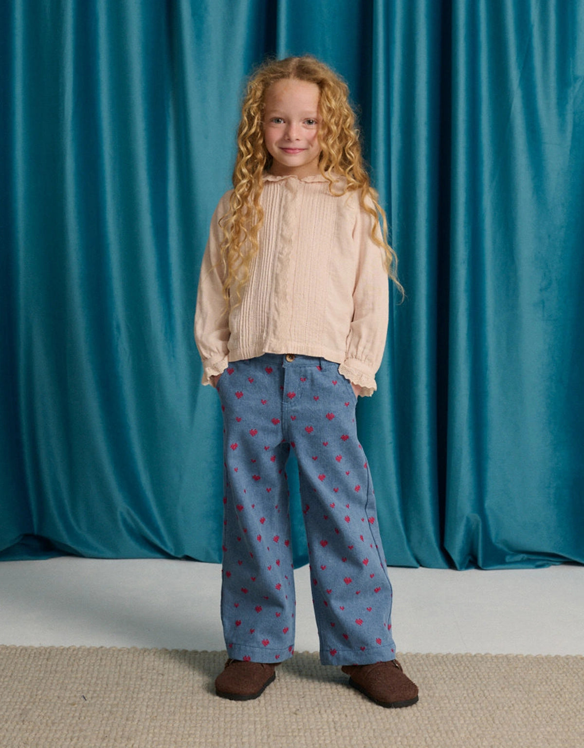 Odette Wide-Leg Denim Pants with All-Over Heart Cross- Stitch Embroidery