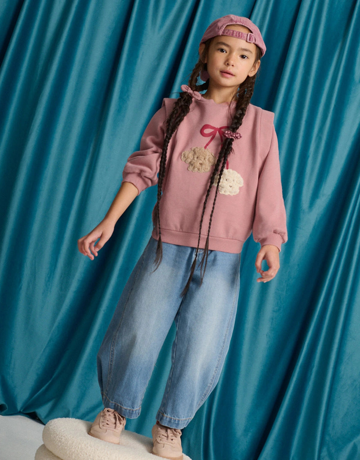 Maurine Fleece Sweater with Vented Sleeves and Embroidered Cherry Poodles Appliqué