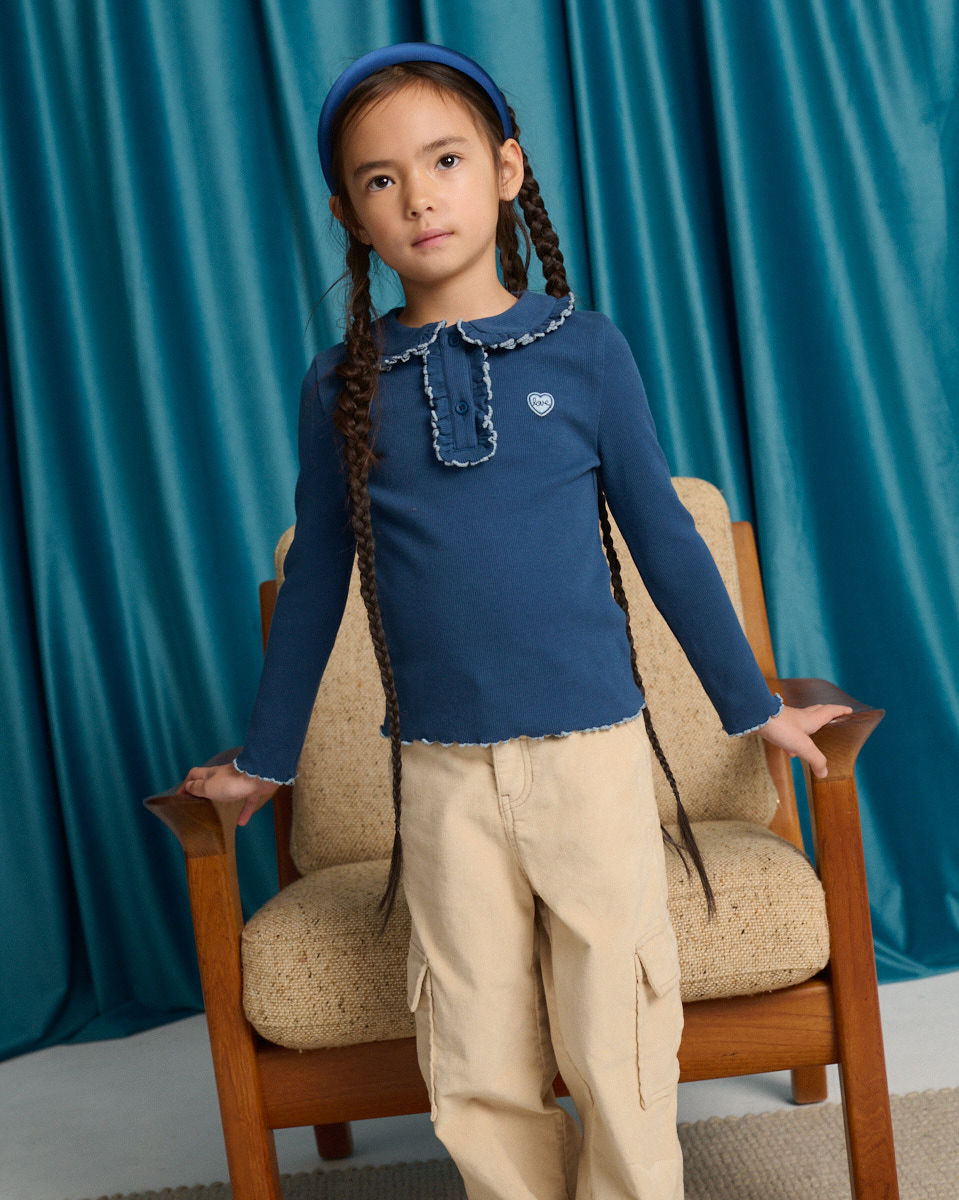 Geraldine Ribbed Tee with Collar and Embroidered Love Appliqué