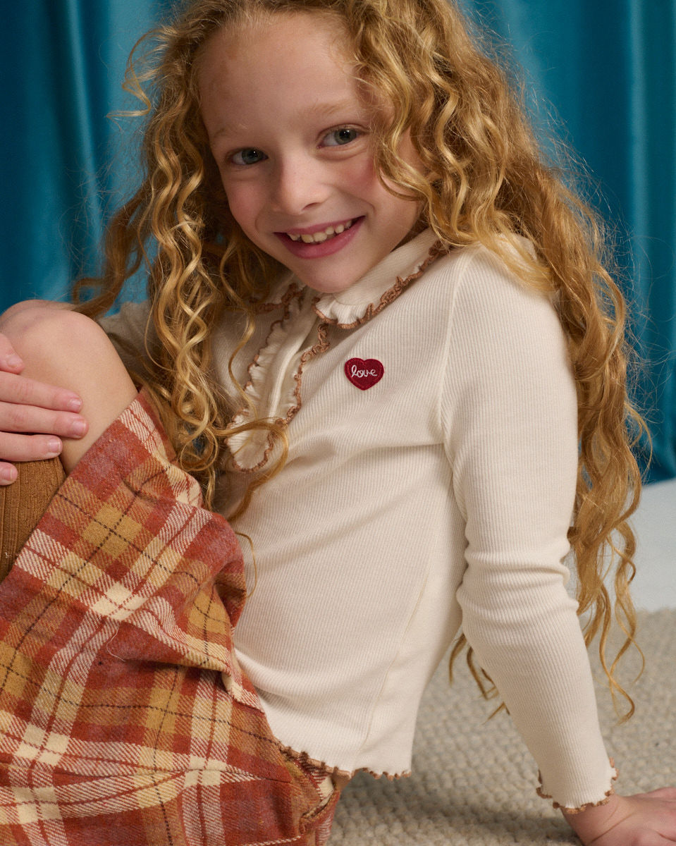 Geraldine Ribbed Tee with Collar and Embroidered Love Appliqué