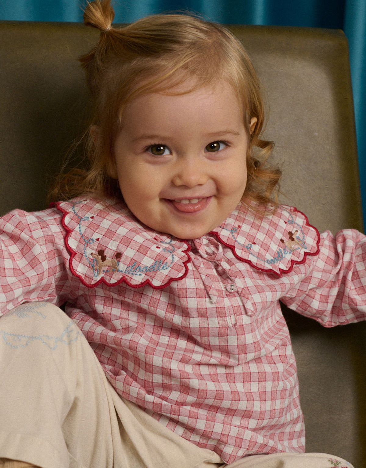 Baby Gracia Checkered Blouse with Poodle Embroidery and Scalloped Sailor Collar