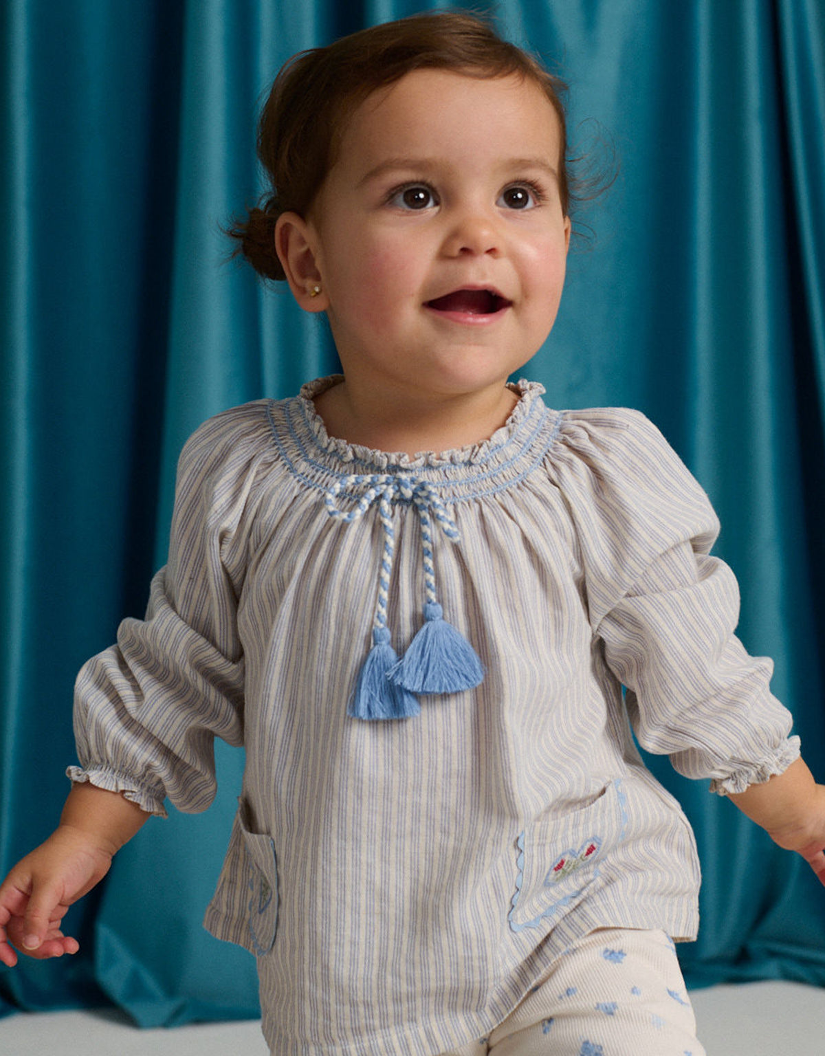 Baby Ruth Striped Blouse with Smocked Neckline and Embroidered Pockets