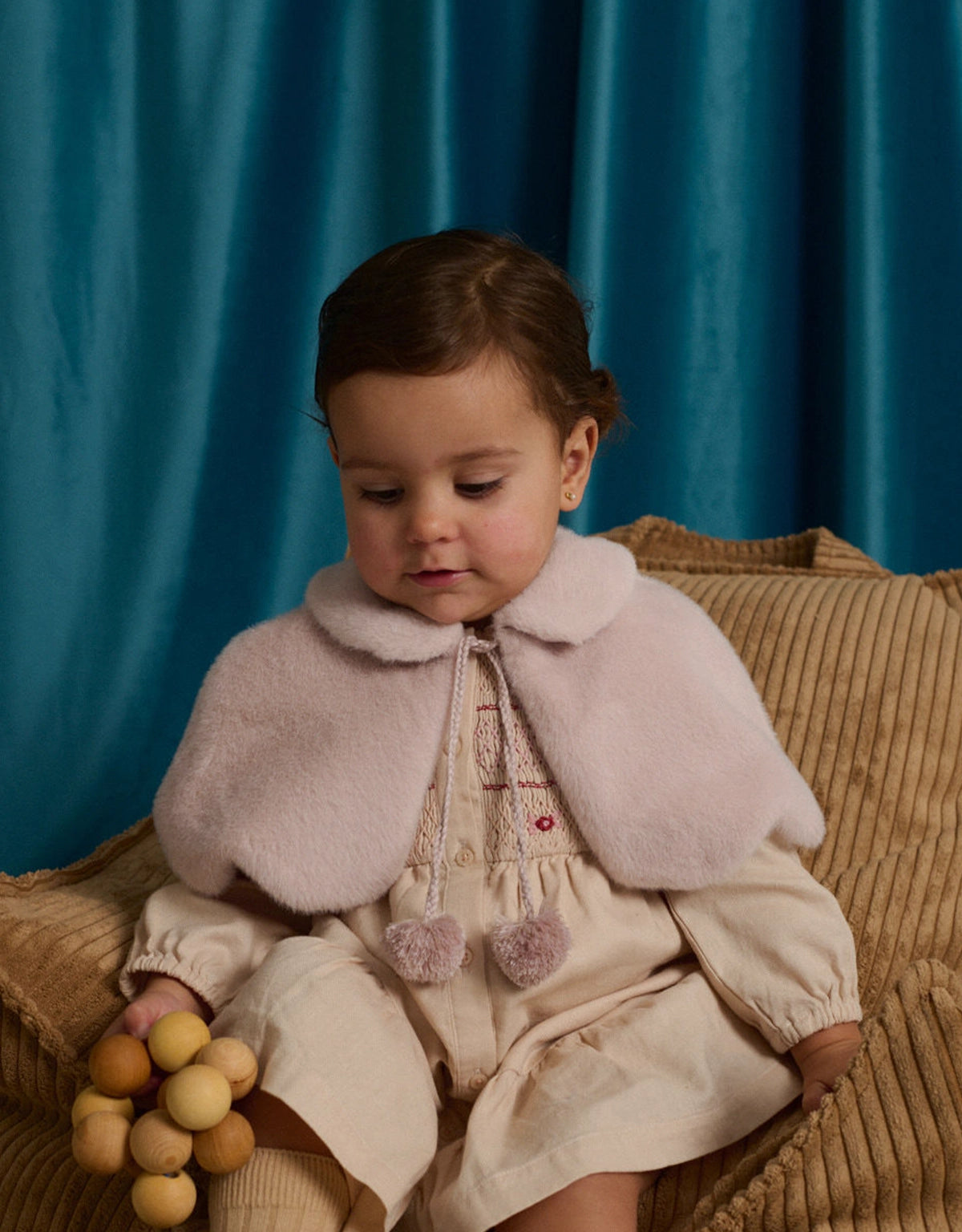 Baby Elaine Scalloped-Edge Faux Fur Capelet with Braided Ties and Pom-Poms