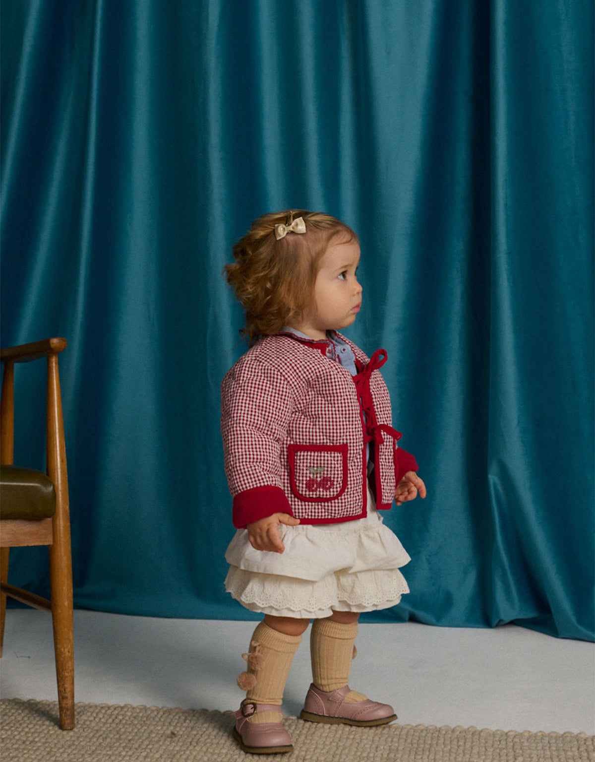 Baby Lavinia Boxy Quilted Coat with Bow- Tie Accents and Embroidered Cherry on Pockets