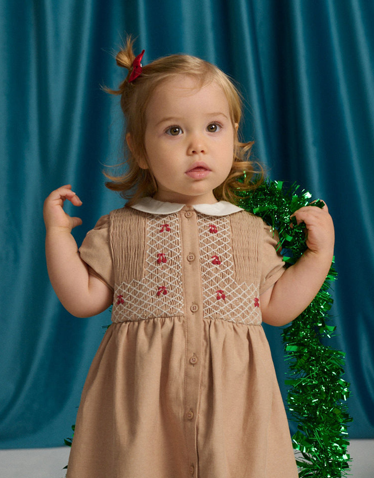 Baby Marjorie Hand-Smocked Dress with Cherry Bullion Hand Embroidery