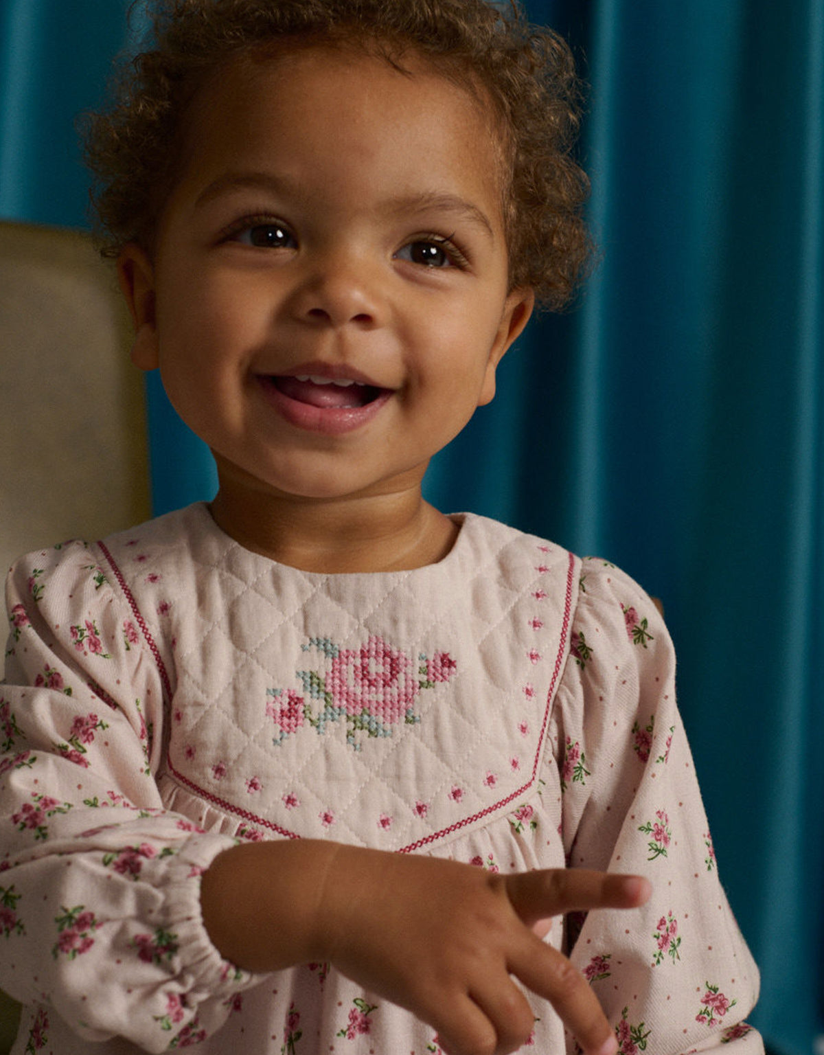 Baby Olivia
Floral Printed Dress with Cross-Stitch Embroidery on Quilted Yoke