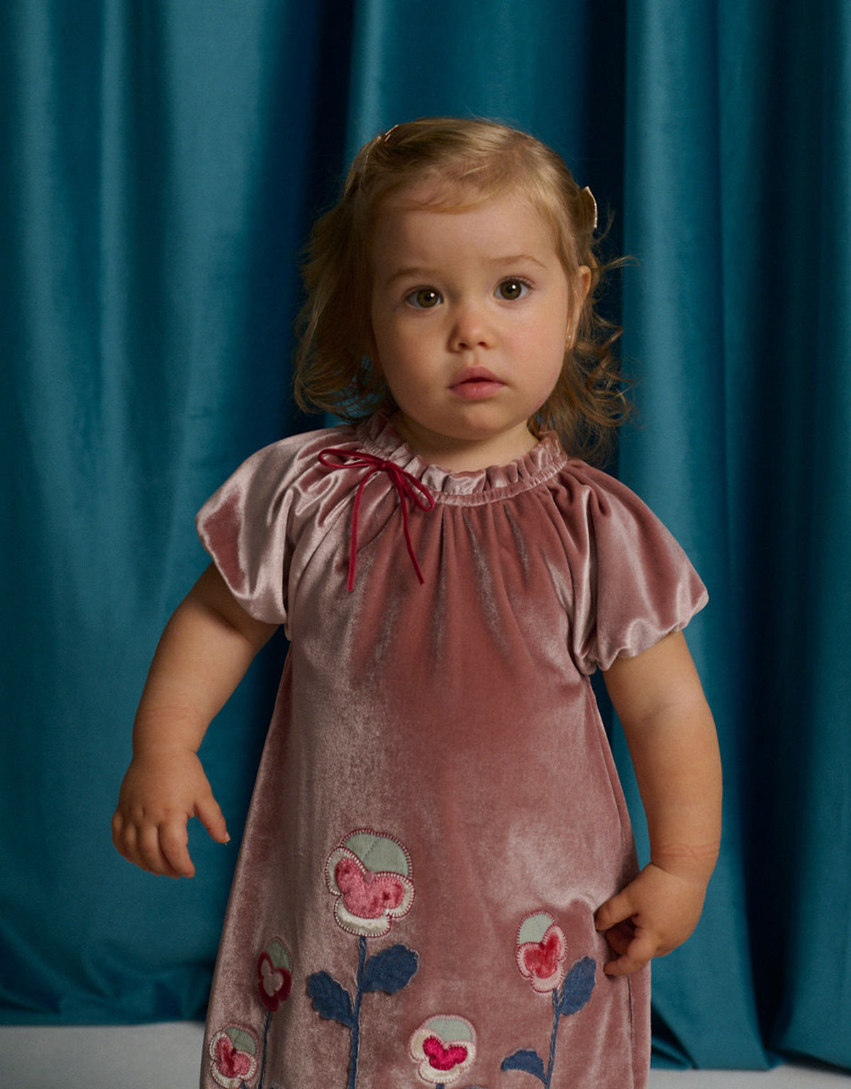 Baby Doris Velvet Dress with Embroidery and Velvet Bow Details