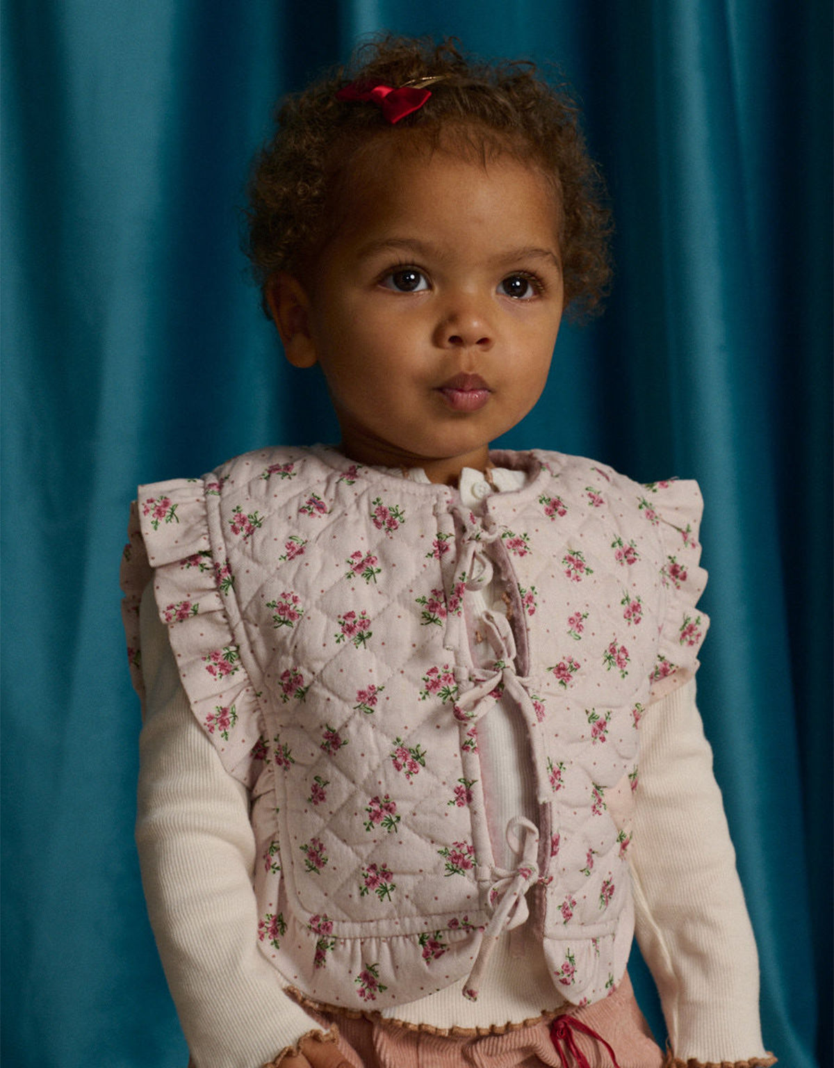 Baby Hilda Floral Printed Quilted Gilet with Bow Details