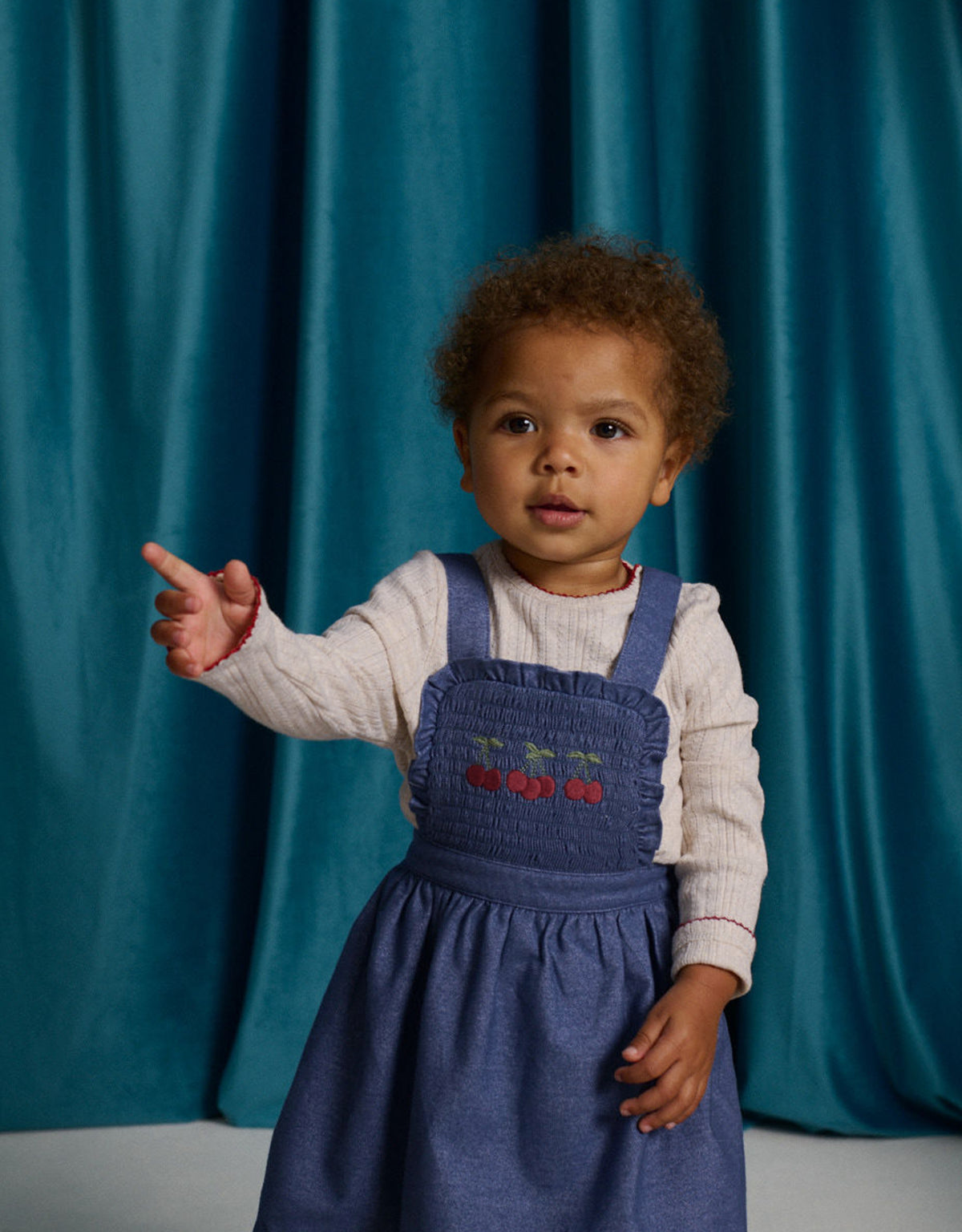 Baby Margot Pinafore Dress with Smocked Chest and Embroidered Cherry Details