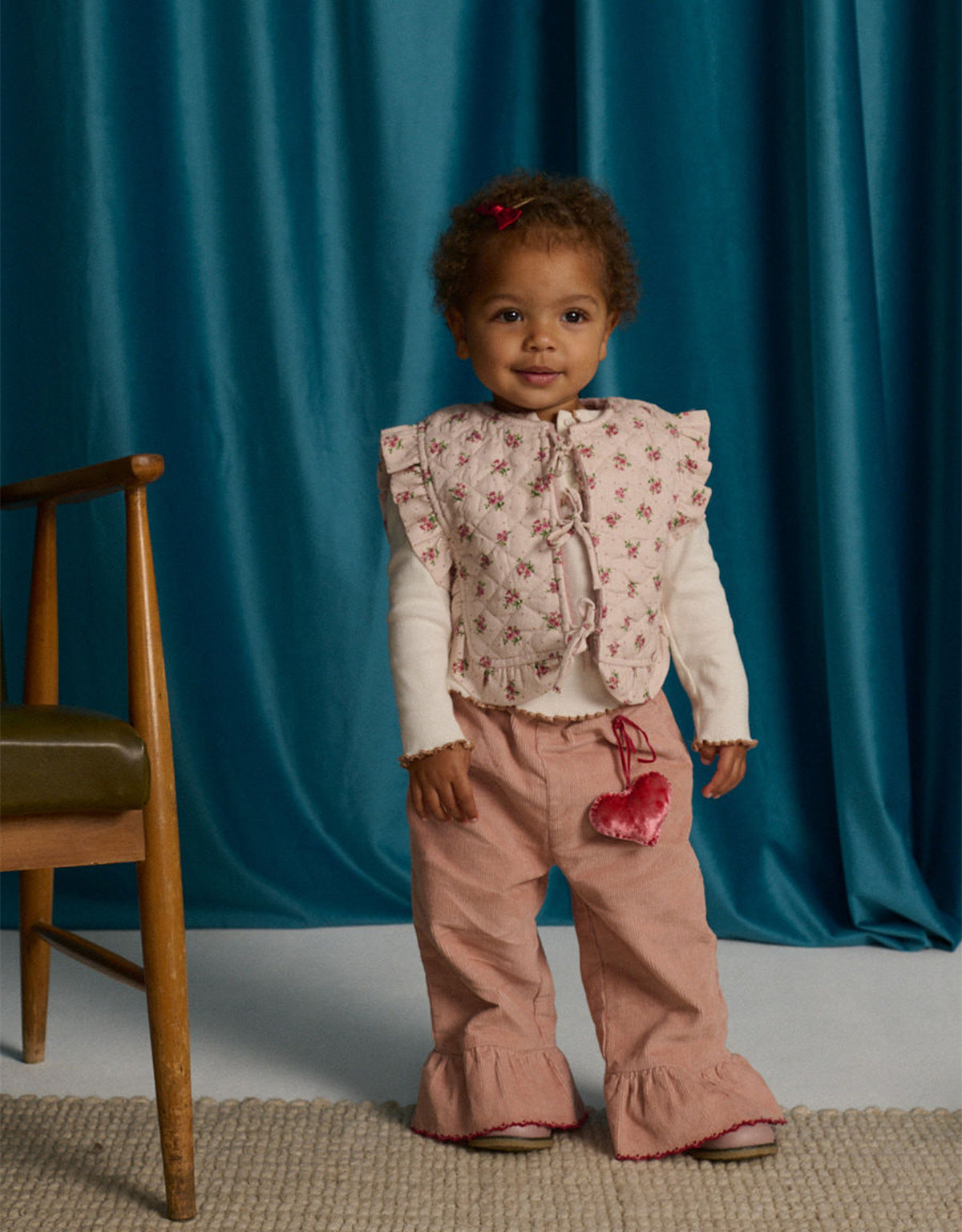 Baby Bessie Pants with Scallop- Embroidered Hem, Ruffles, and Hand- Embroidered Velvet Heart Plushie