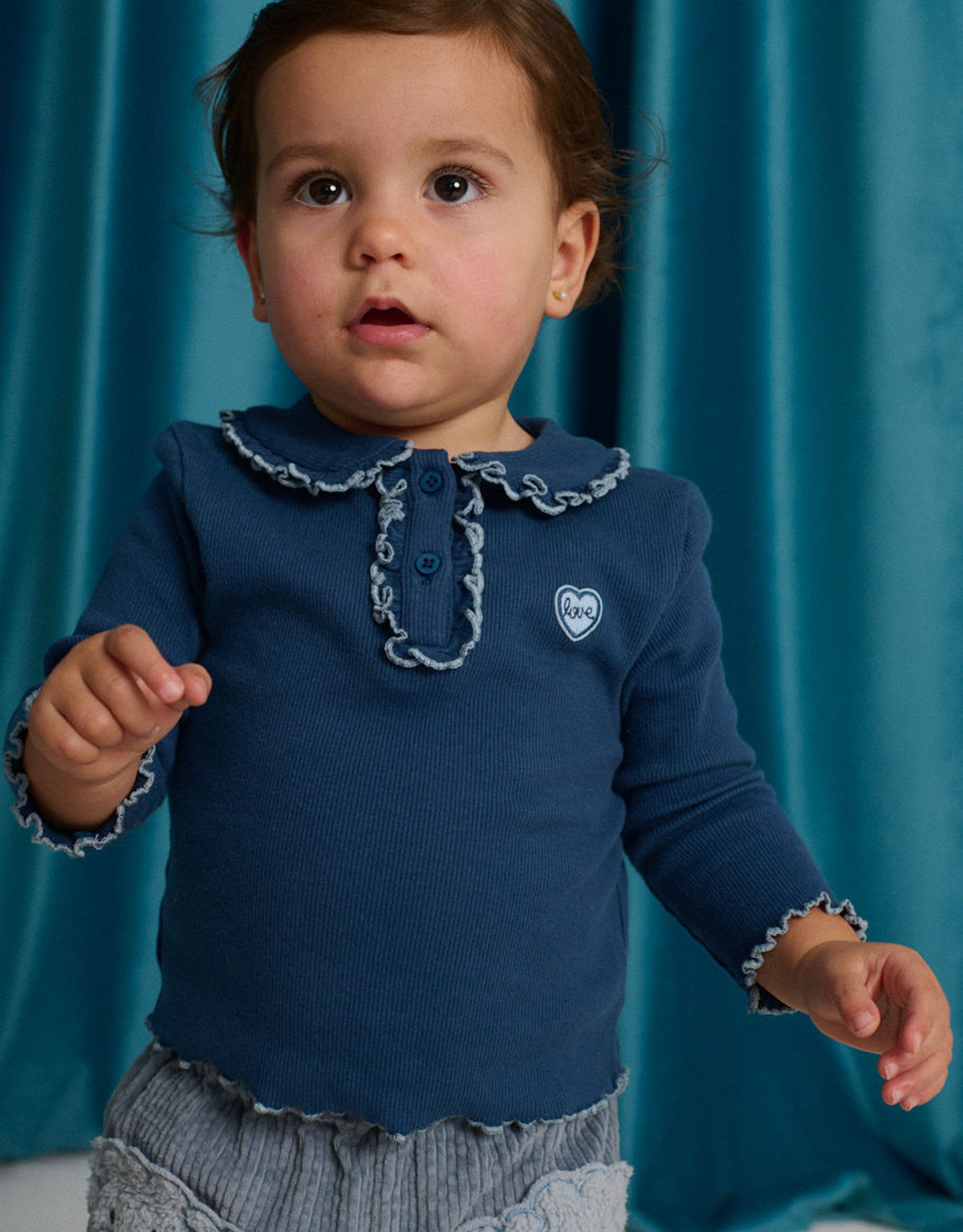 Baby Geraldine Ribbed Tee with Collar and Embroidered Love Appliqué