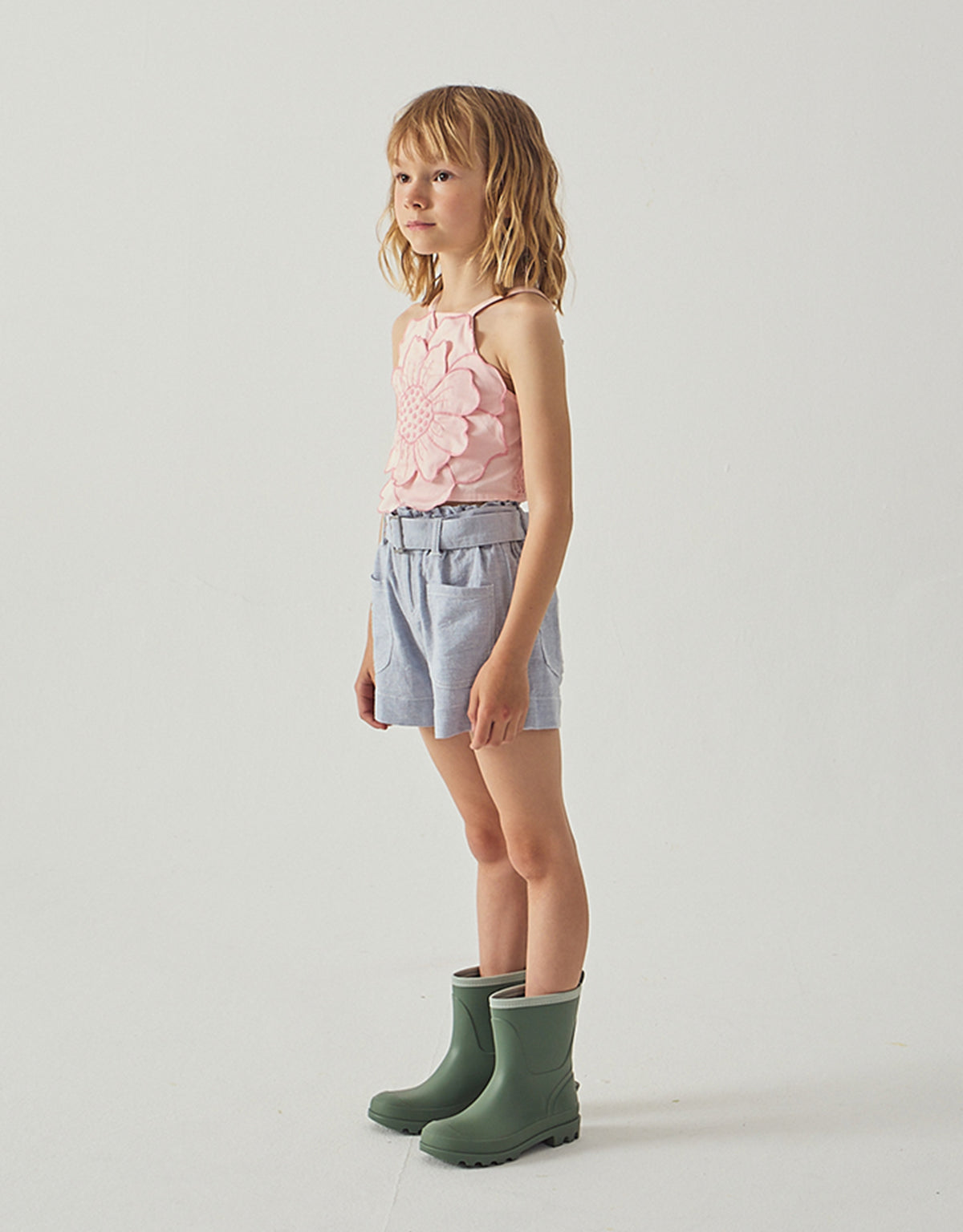 Full front catalog image of the Eloise Halter Top in Pink with Large Flower Appliqué & Contrast Stitching for kids from the Spring Summer collection of Gingersnaps Philippines.