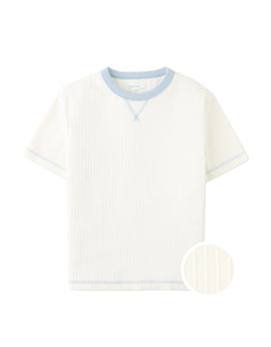 Flatlay front view of the Gunther Ringer Tee with Contrast V-Spreader in off-white with ringer neckline and contrast V spreader details from the Summer collection of Filipino kids fashion brand Gingersnaps Philippines.