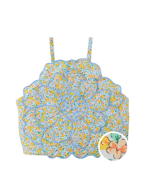 Flatlay front view of the Multicolor Eloise Halter Top with Large Flower Appliqué & Contrast Stitching, showcasing cotton satin texture and appliqué placement from the Spring Summer collection of Filipino kids fashion brand Gingersnaps Philippines.