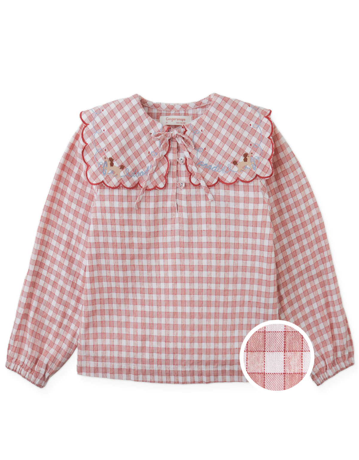 Gracia Checkered Blouse with Poodle Embroidery and Scalloped Sailor Collar