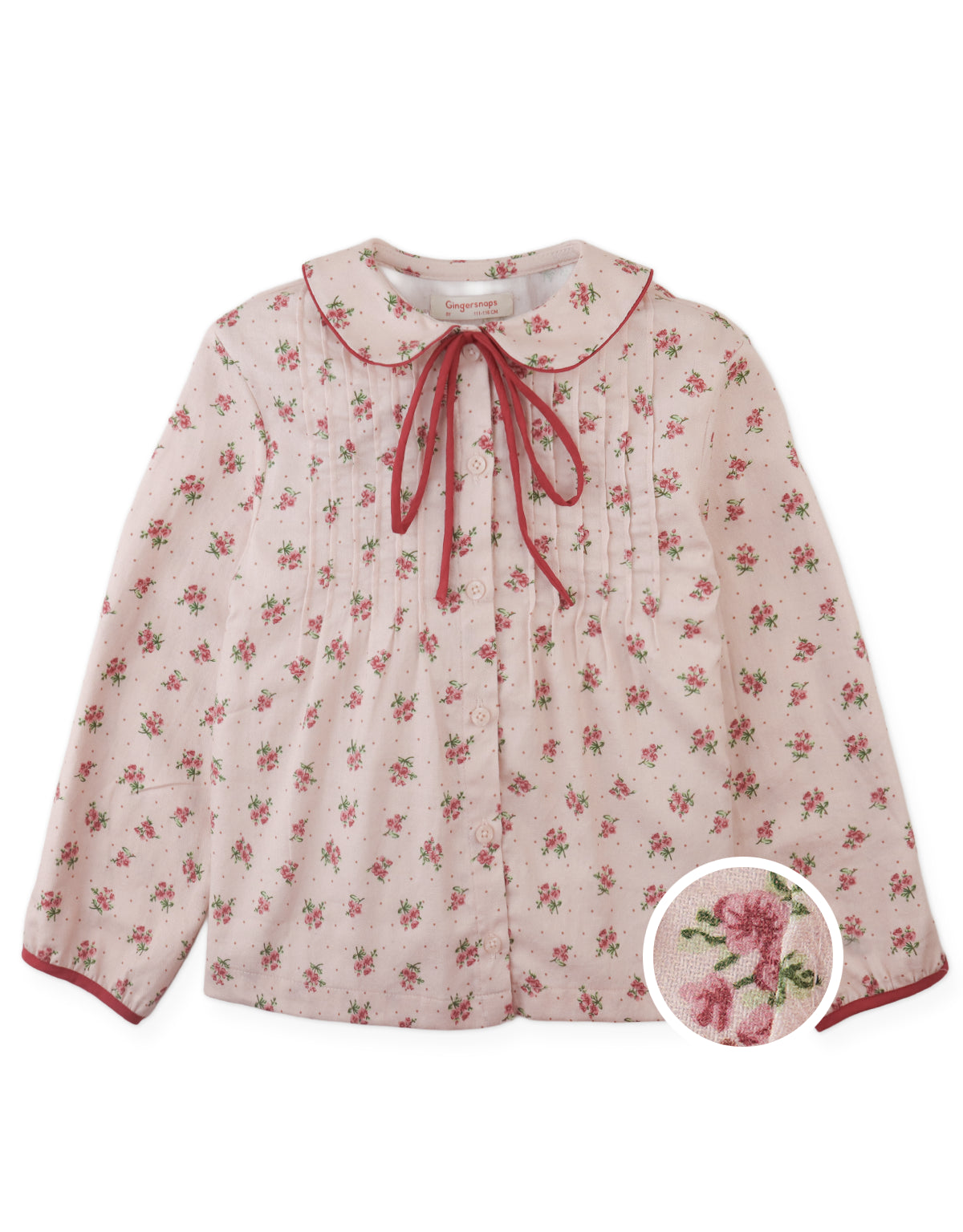 Caridad Blouse in Floral Print with Peter Pan Collar, Pintucks, and Contrasting Red Ties