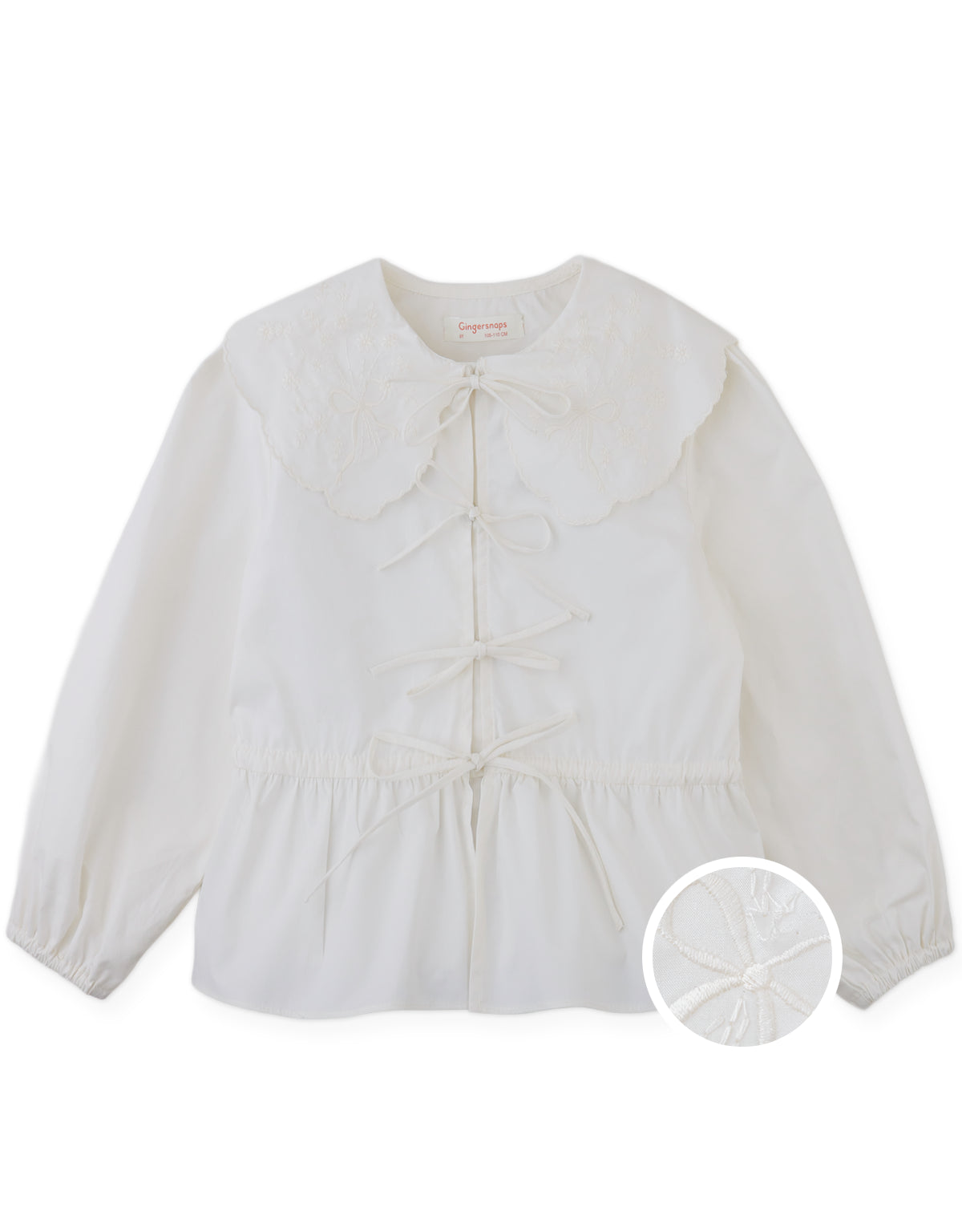 Mercedes Top with Peplum Sleeves, Embroidered Scalloped Collar, and Front Ties