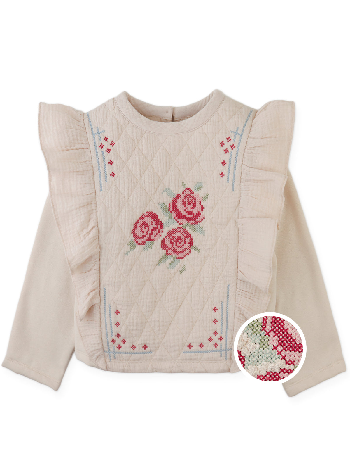 Rosamund Top with Flower Cross-Stitch Embroidery and Side Ruffles