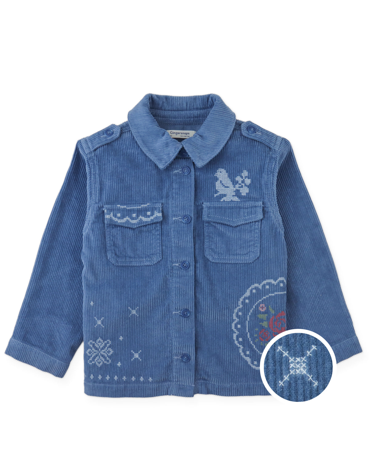 Vicenta Corduroy Shirt Jacket with Rose Cross- Stitch Embroidery