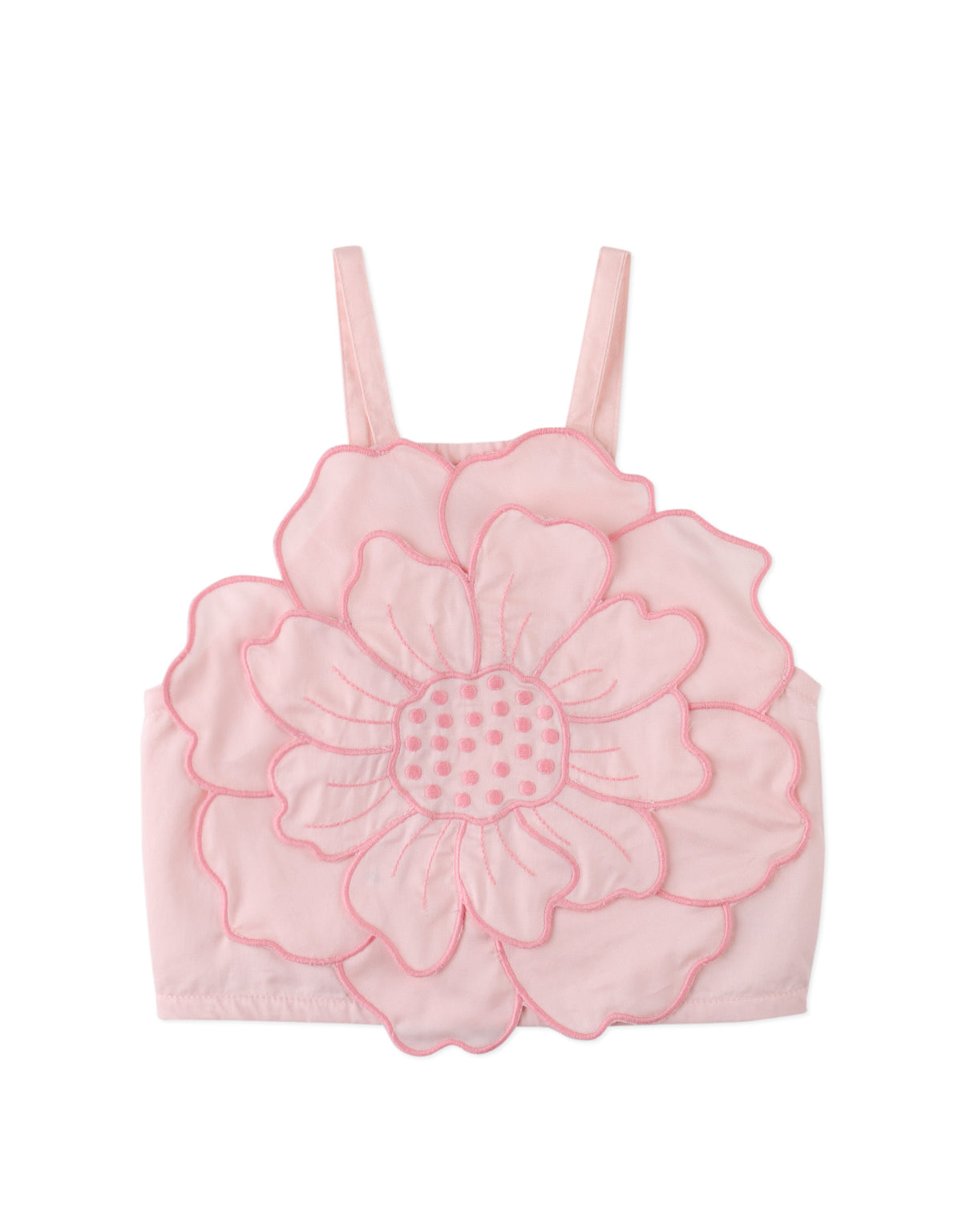 Flatlay front view of the Pink Eloise Halter Top with Large Flower Appliqué & Contrast Stitching, showcasing cotton satin texture and appliqué placement from the Spring Summer collection of Filipino kids fashion brand Gingersnaps Philippines.