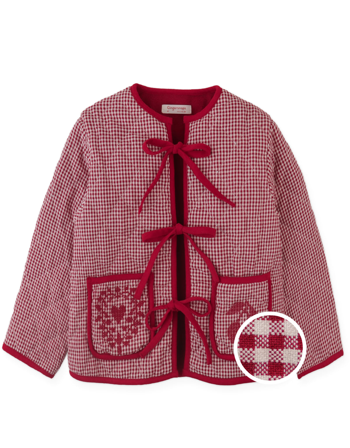 Lavinia Boxy Quilted Coat with Bow-Tie Accents and Embroidered Cherries and Heart on Pockets