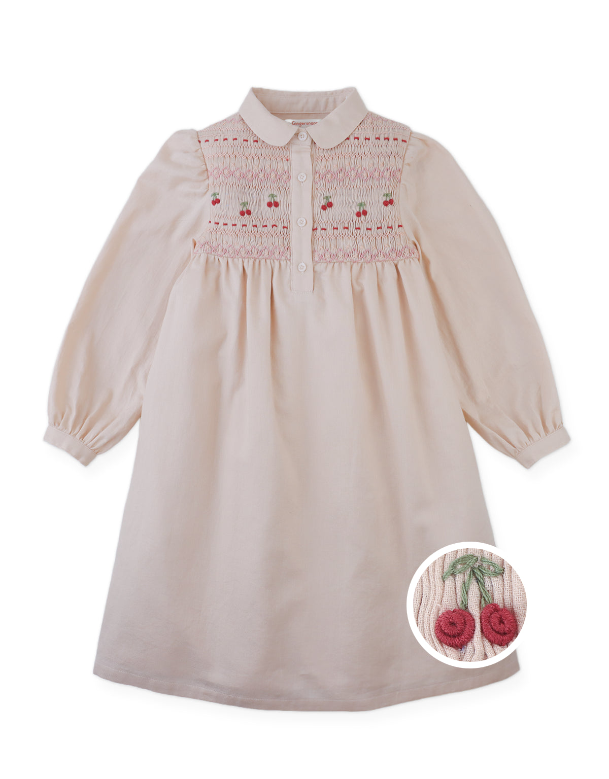 Dorethea Dress with Cherry Embroidered Hand-Smocked Bodice, Standing Collar, and Half Placket