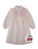 Dorethea Dress with Cherry Embroidered Hand-Smocked Bodice, Standing Collar, and Half Placket