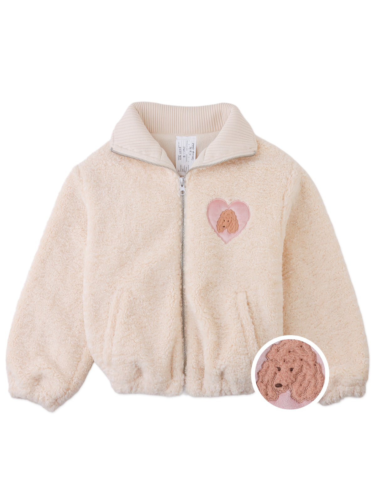 Augusta Shearling Zip- Through Jacket with Ribbed Neck and Embroidered Poodle Heart Badge