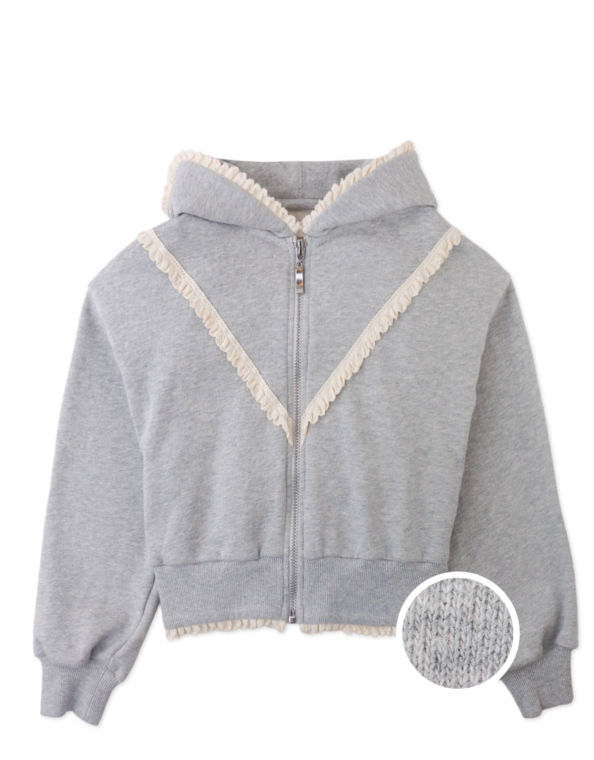 Elspeth Hoodie Jacket with Wide Rib Hem and Delicate Lace Trims