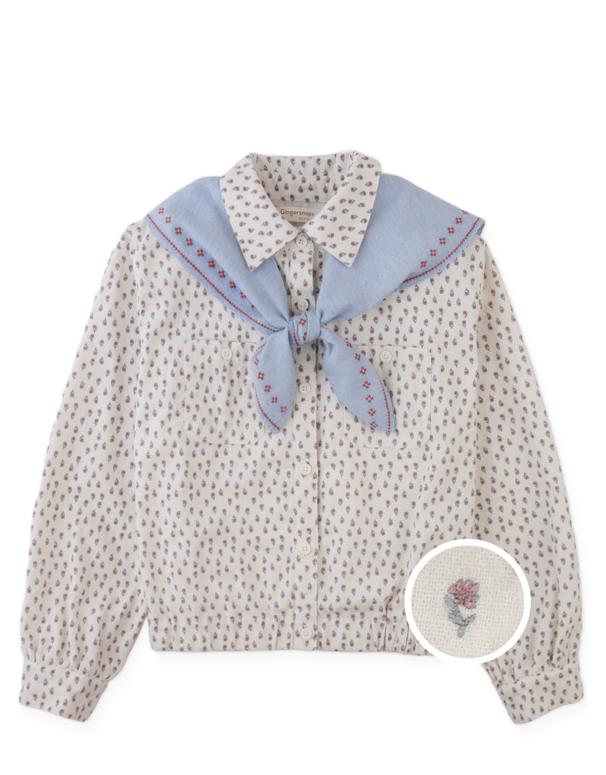 Muriel Top with Elastic Waistband and Contrasting Detachable Scarf with Cross-Stitch Embroidery