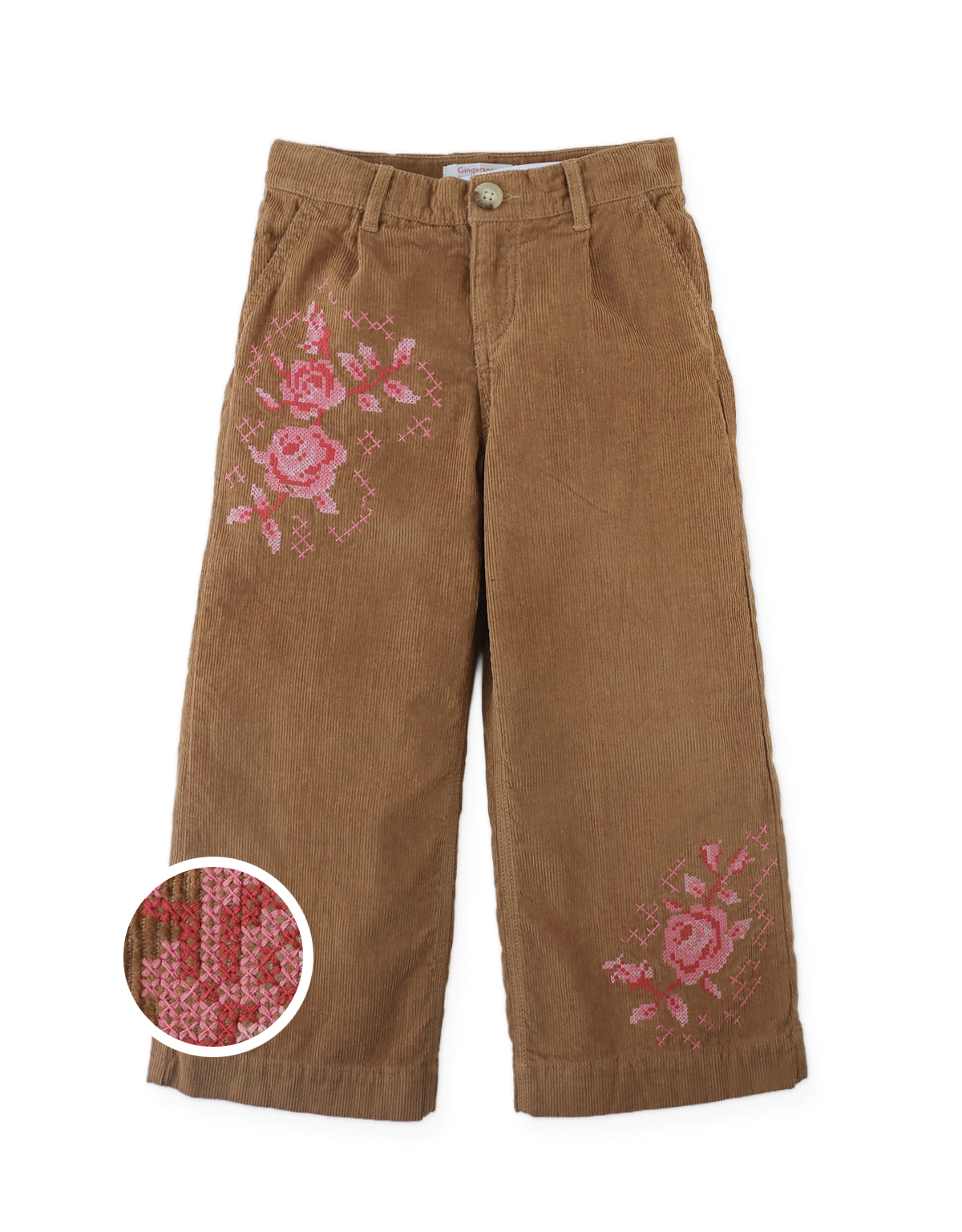 Loreine Wide- Leg Corduroy Pants with Rose Cross-Stitch Embroidery