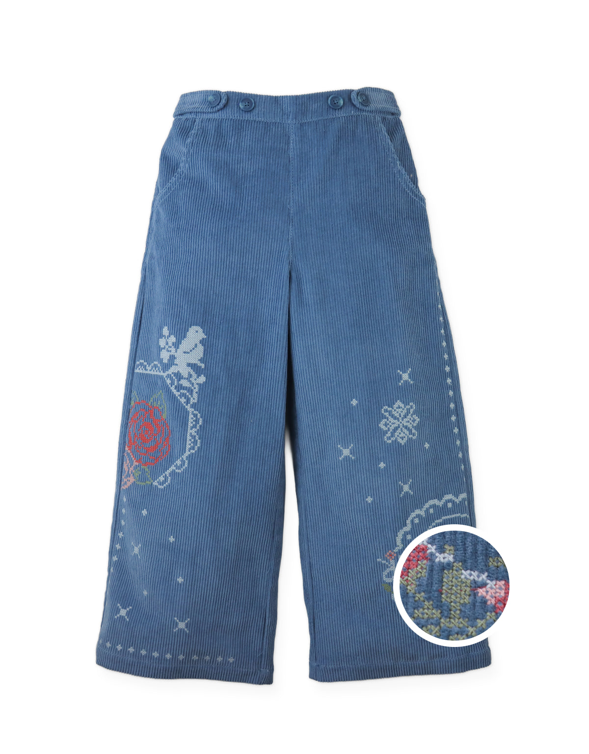 Gladys Wide-Leg Corduroy Pants with Rose Cross- Stitch Embroidery