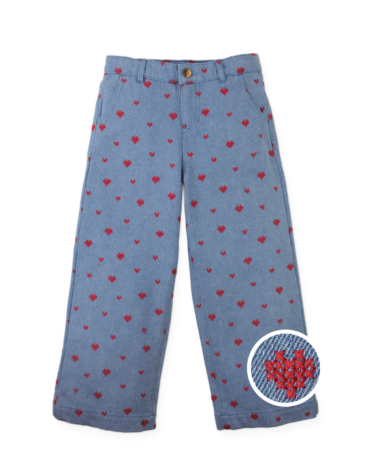 Odette Wide-Leg Denim Pants with All-Over Heart Cross- Stitch Embroidery