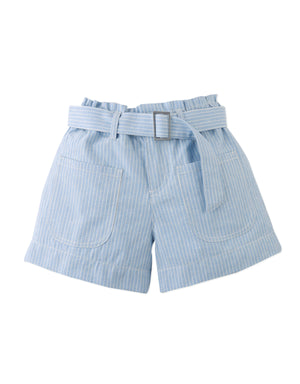Flatlay front view of the Amara Linen-like Cotton Shorts in Stripes with Big Pockets & Belt, showcasing stripe pattern and pocket placement from the Spring Summer collection of Filipino kids fashion brand Gingersnaps Philippines.