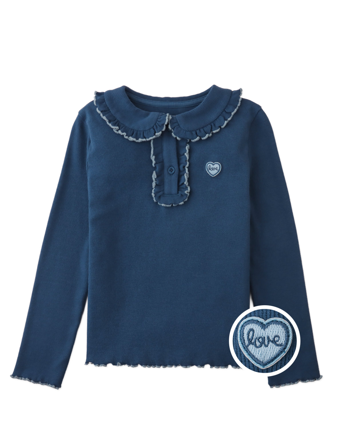 Geraldine Ribbed Tee with Collar and Embroidered Love Appliqué