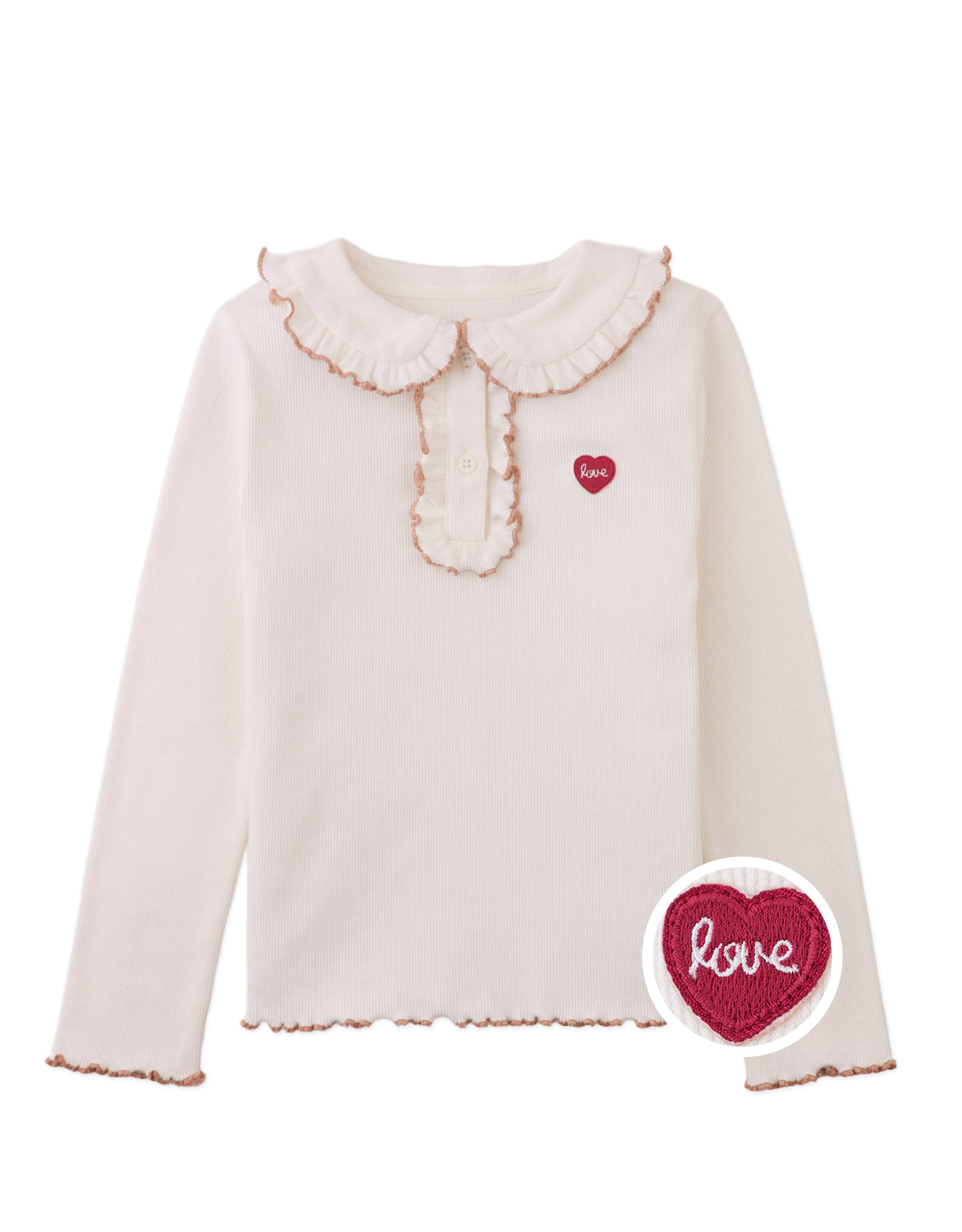 Geraldine Ribbed Tee with Collar and Embroidered Love Appliqué