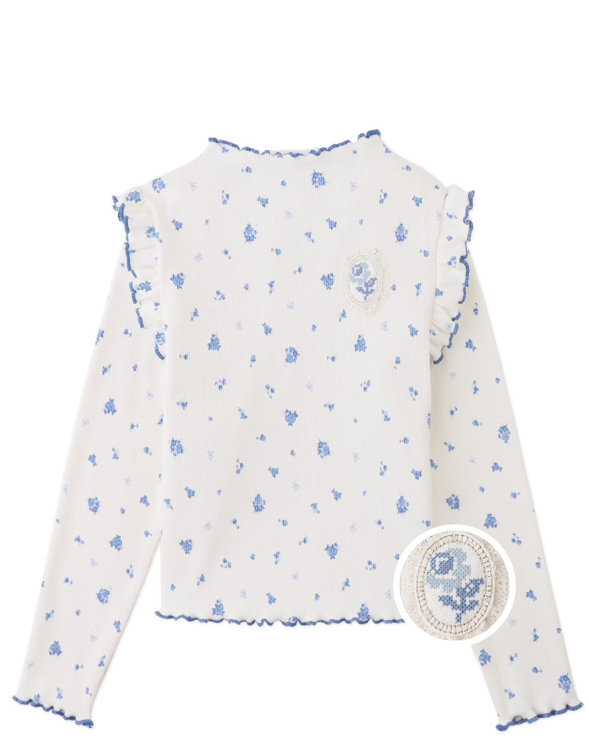 Drusilla Tee with Ruffled Shoulders and Cross-Stitched Flower Appliqué with Lace Trims
