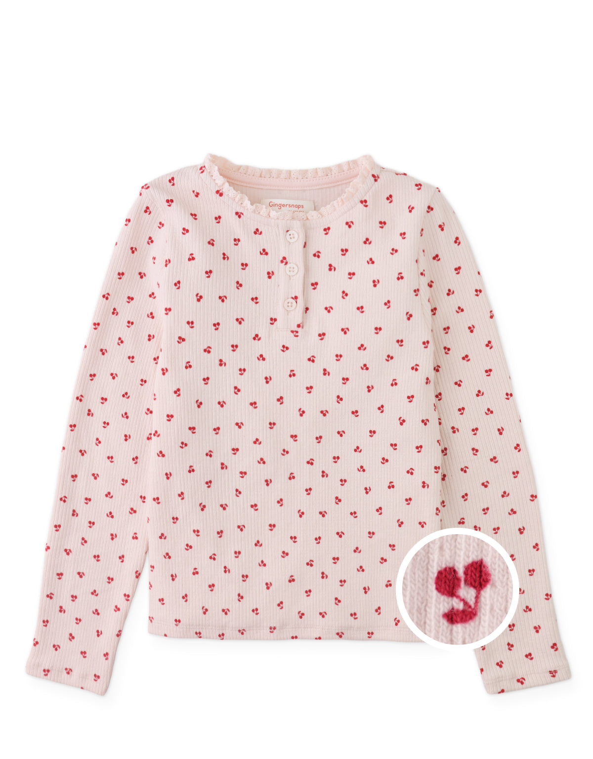 Apolinaria Pointelle Ribbed Tee in All-Over Cherry Print with Button Placket and Ruffled Neckline